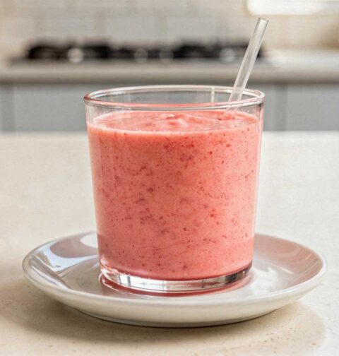 Een gevuld tumblerglas met roze fruitsmoothie en een rietje op een wit schoteltje.