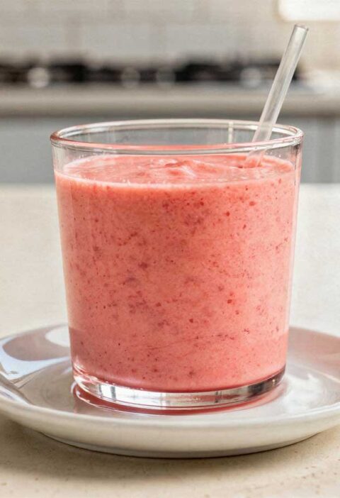 Een gevuld tumblerglas met roze fruitsmoothie en een rietje op een wit schoteltje.