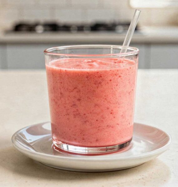 Een gevuld tumblerglas met roze fruitsmoothie en een rietje op een wit schoteltje.