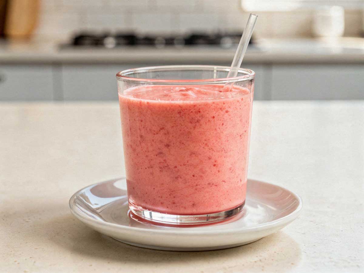 Een gevuld tumblerglas met roze fruitsmoothie en een rietje op een wit schoteltje.