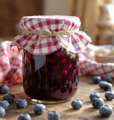 Een jampot met daarin zelfgemaakte bosbessenjam, die gemaakt is zonder suikers toe te voegen.