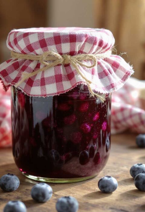 Een jampot met daarin zelfgemaakte bosbessenjam, die gemaakt is zonder suikers toe te voegen.