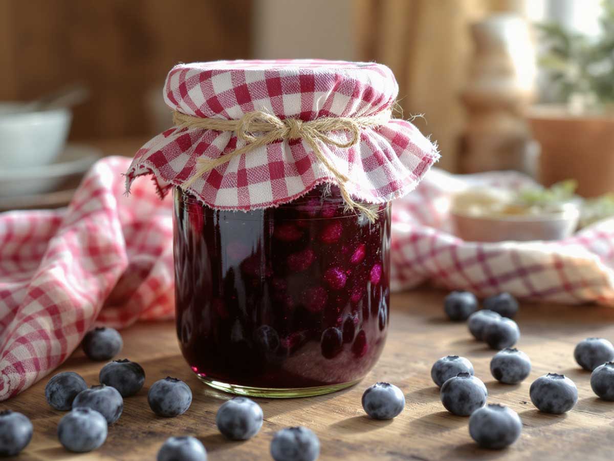 Een jampot met daarin zelfgemaakte bosbessenjam, die gemaakt is zonder suikers toe te voegen.