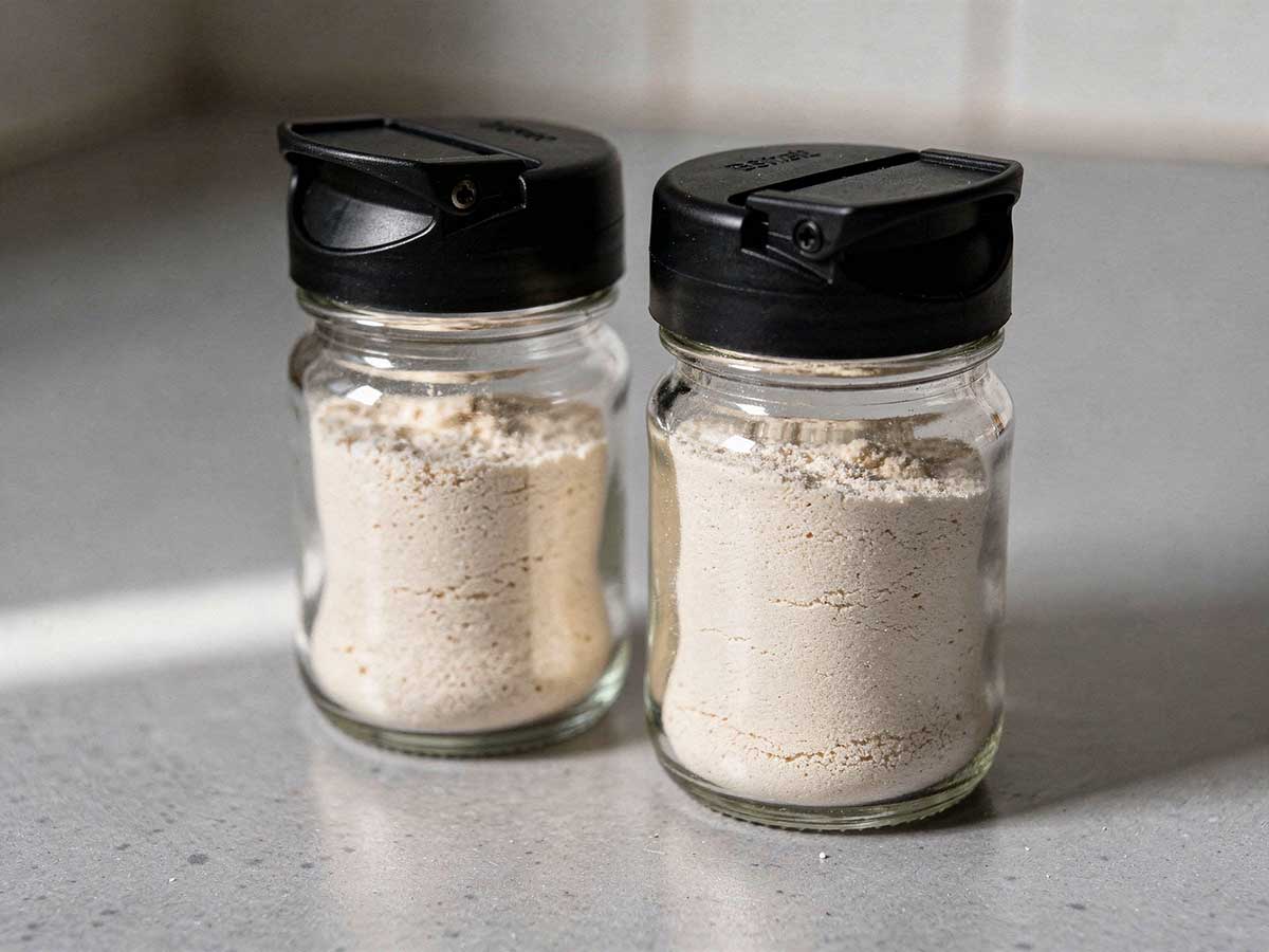 2 kruidenpotje met zelfgemaakt knoflookpoeder op een aanrecht.