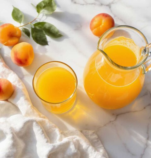 Een grote kan en een glas met zelfgemaakt abrikozensap.