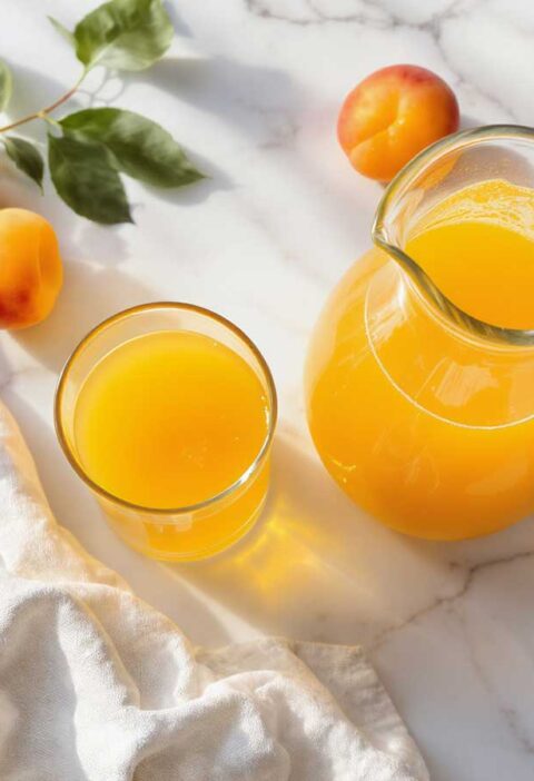 Een grote kan en een glas met zelfgemaakt abrikozensap.