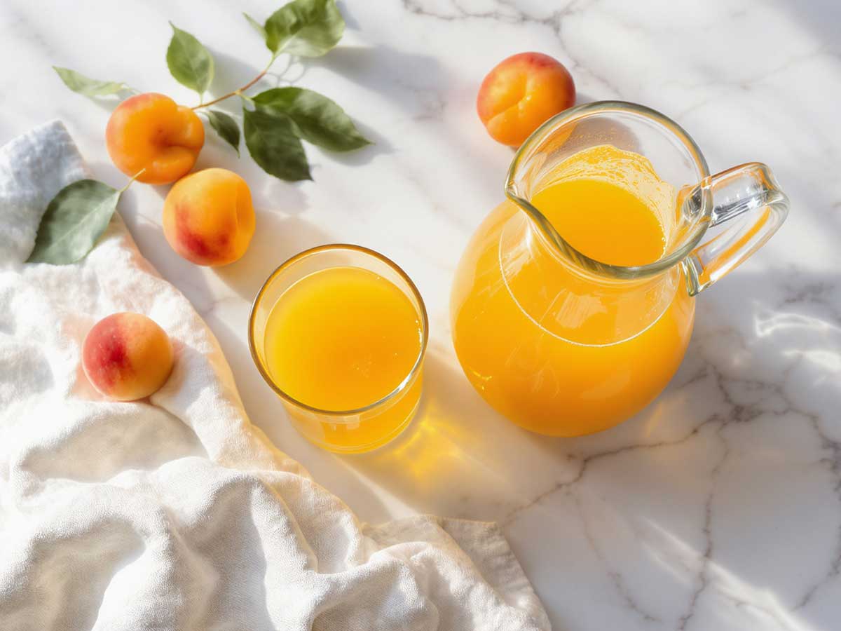 Een grote kan en een glas met zelfgemaakt abrikozensap.