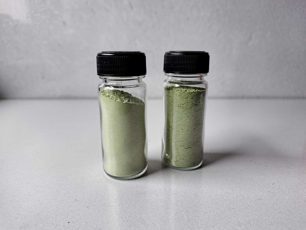 2 kruidenpotjes met selderijpoeder, gemaakt van gedroogde bleekselderij.