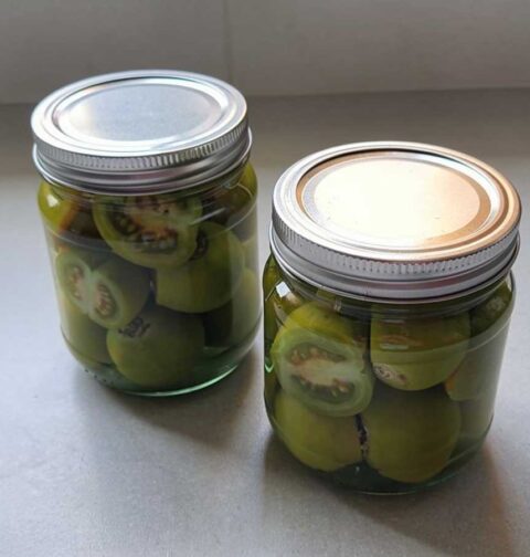 2 inmaakpotten vol ingemaakte groene tomaten die ook nog verhit zijn.