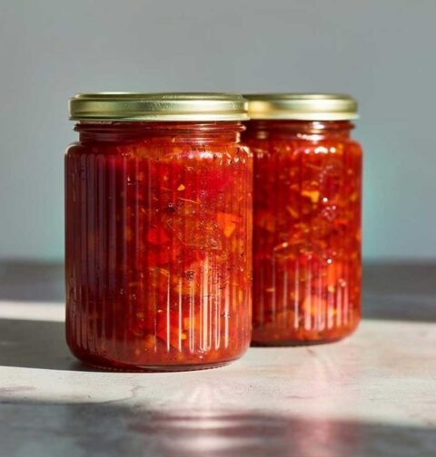 2 grote jampotten met daarin zelfgemaakte paprikachutney van rode paprika's.
