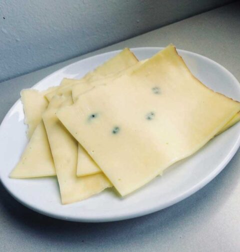 Plakken kaas met een beetje schimmel.