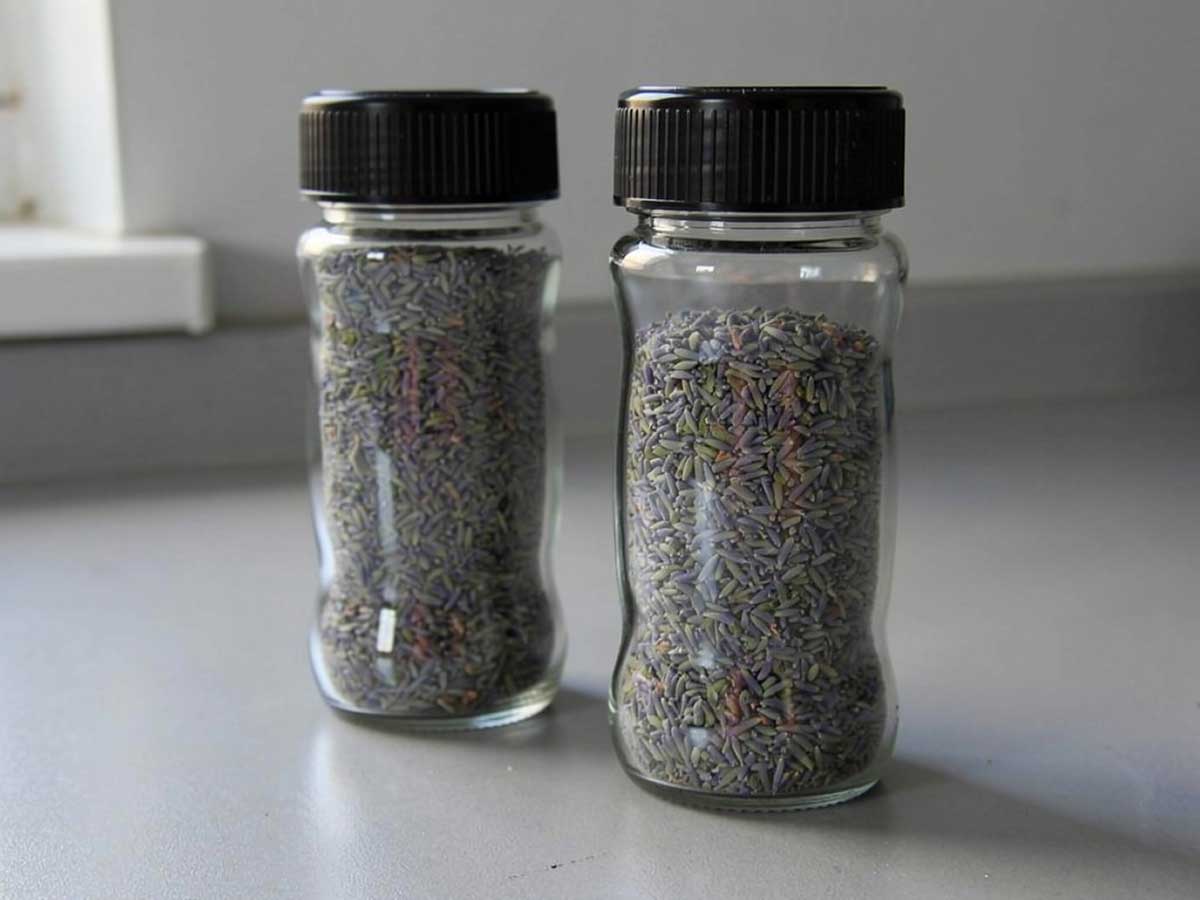 2 kruidenpotjes met daarin zelfgedroogde lavendel.