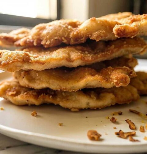 4 gebakken schnitzels opgestapeld op een bord.