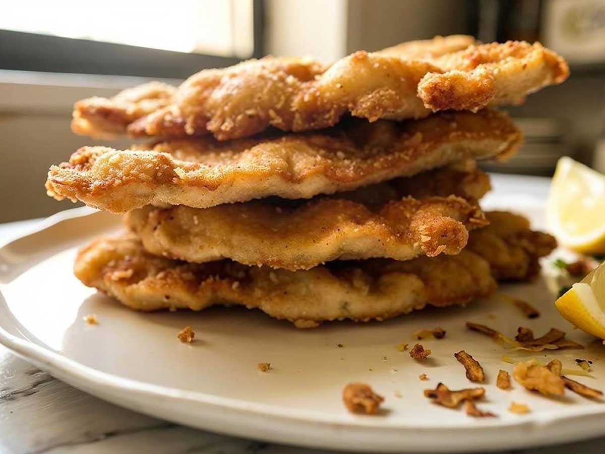 4 gebakken schnitzels opgestapeld op een bord.