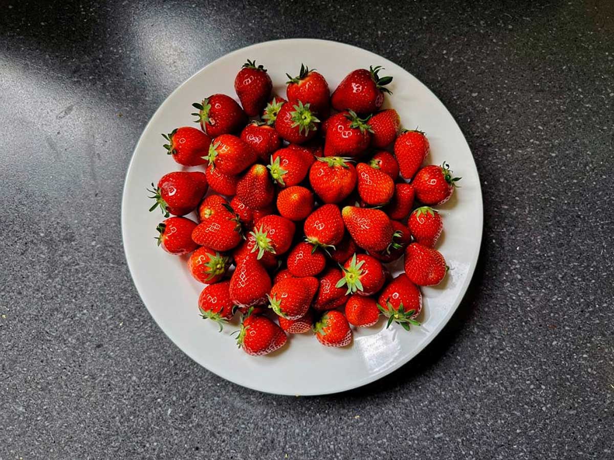 Verse, net geplukte aardbeien op een wit bord.