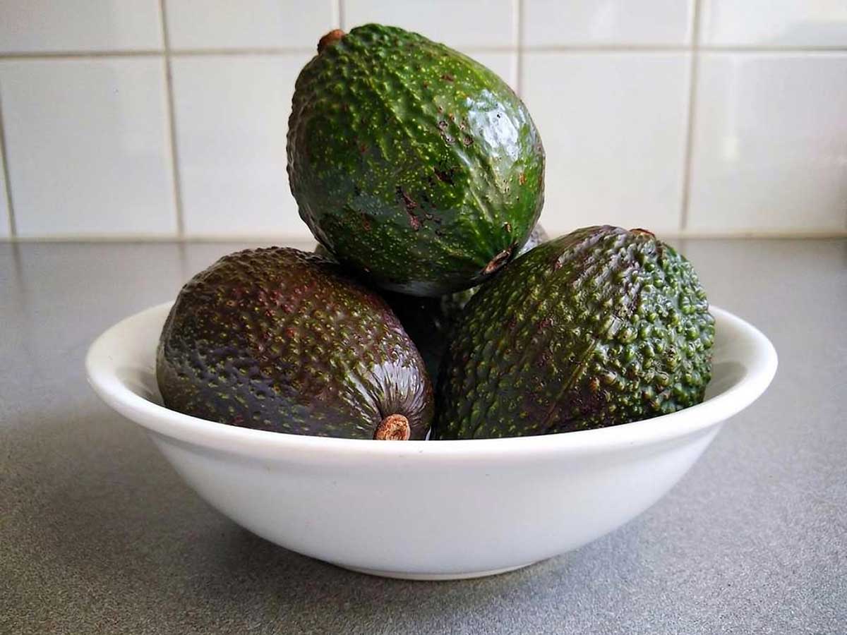 4 avocado's op een fruitmand, om in te vriezen.