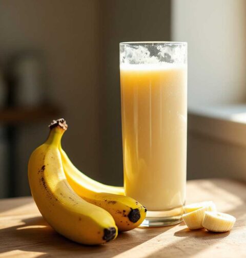 Een groot glas emt bananensap, naast 2 bananen.