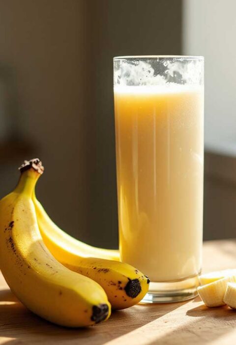 Een groot glas emt bananensap, naast 2 bananen.