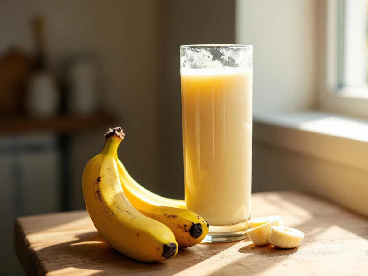 Een groot glas emt bananensap, naast 2 bananen.
