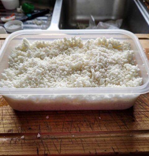 Een plastic bakje met een overschot aan bloemkoolrijst.