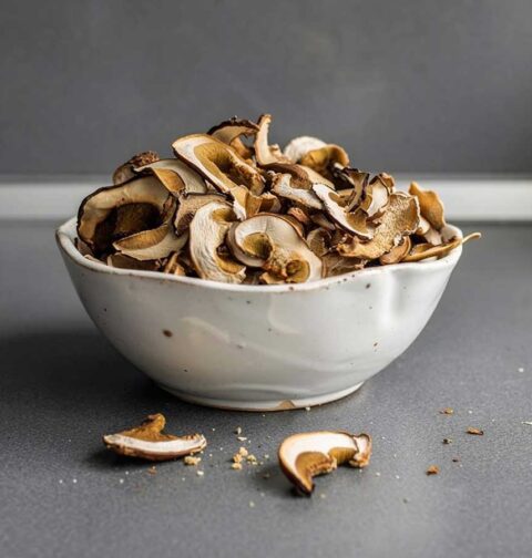 Een schaaltje met gedroogde plakken champignons.