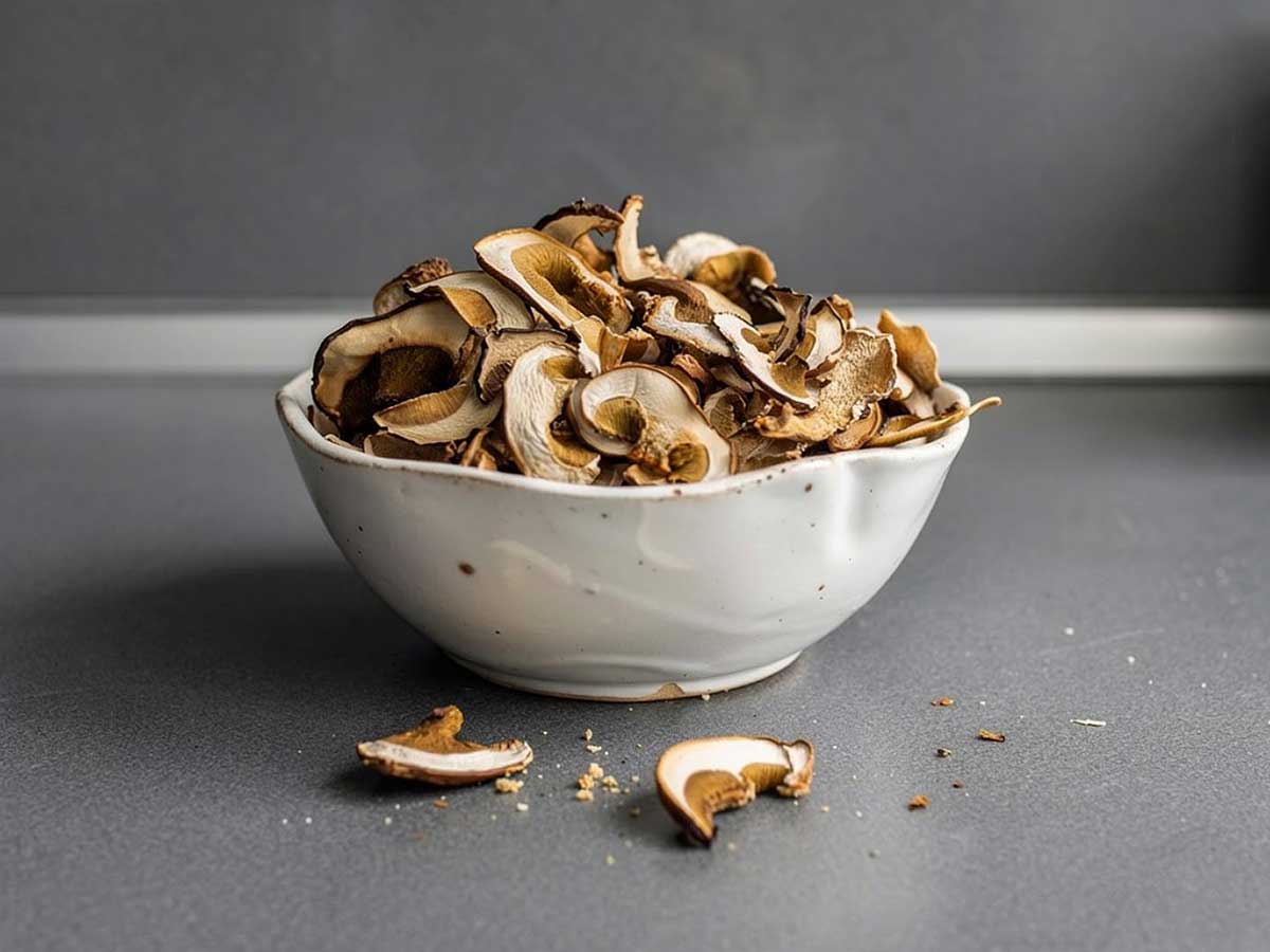 Een schaaltje met gedroogde plakken champignons.