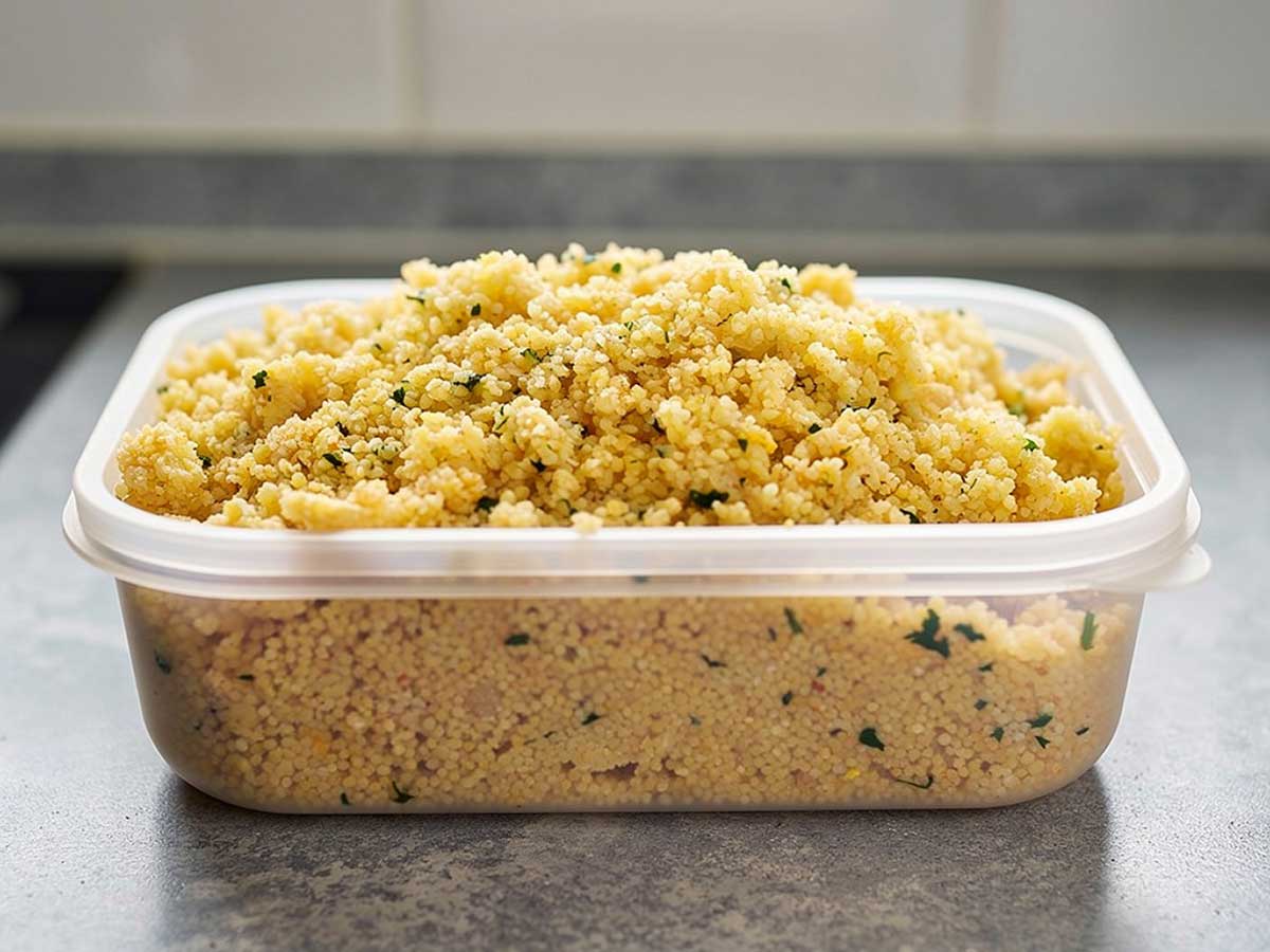 Een diepvriesbak met nog iets dampende couscous.