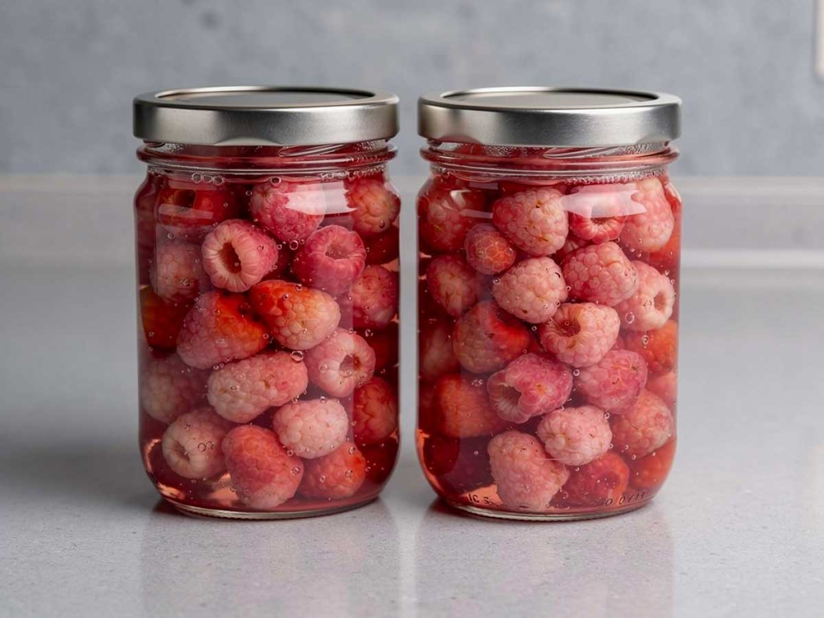 2 inmaakpotten met ingemaakte frambozen.