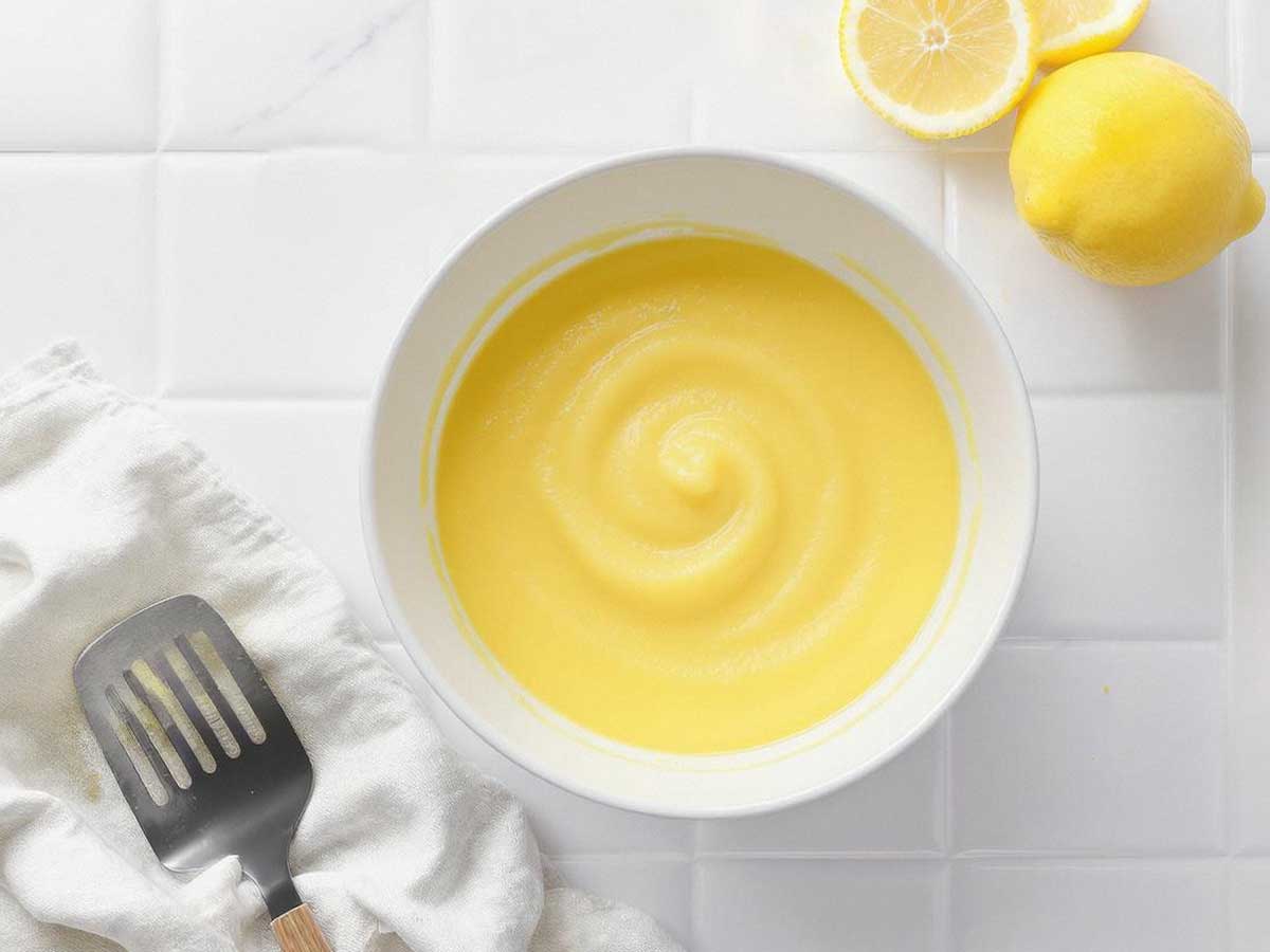 Een wit schaaltje met zelfgemaalt lemoncurd.