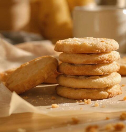 Een stapel zandkoekjes die net gebakken zijn.