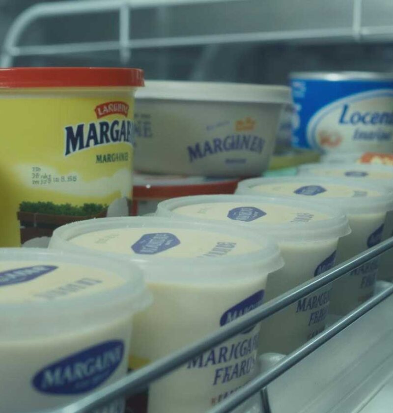 Een koelkast vol met verschillende soorten margarine.