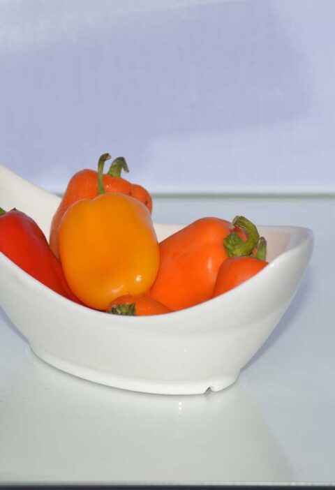 Een wit schaaltje met verse paprika, rood, geel, en oranje.