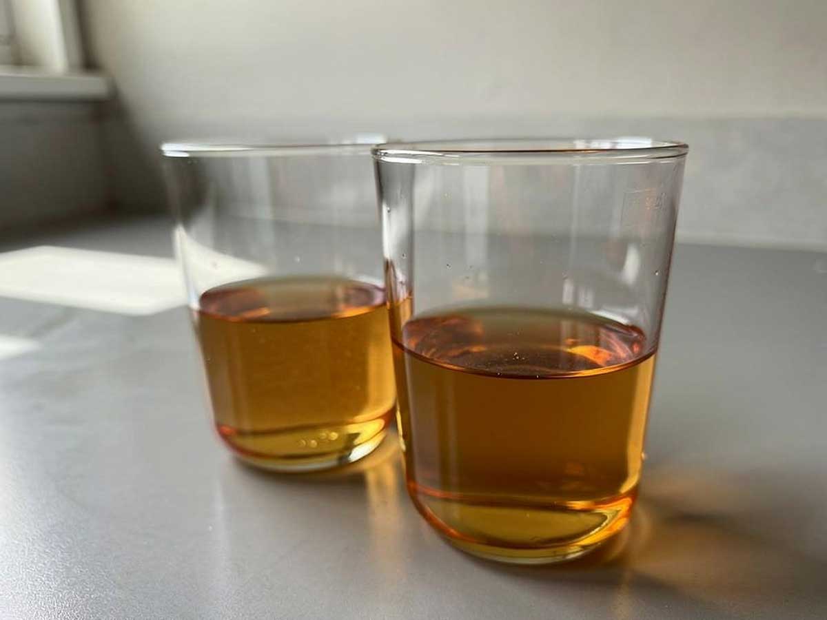2 glazen die gedeeltelijk gevuld zijn met zelfgemaakt honingwater.