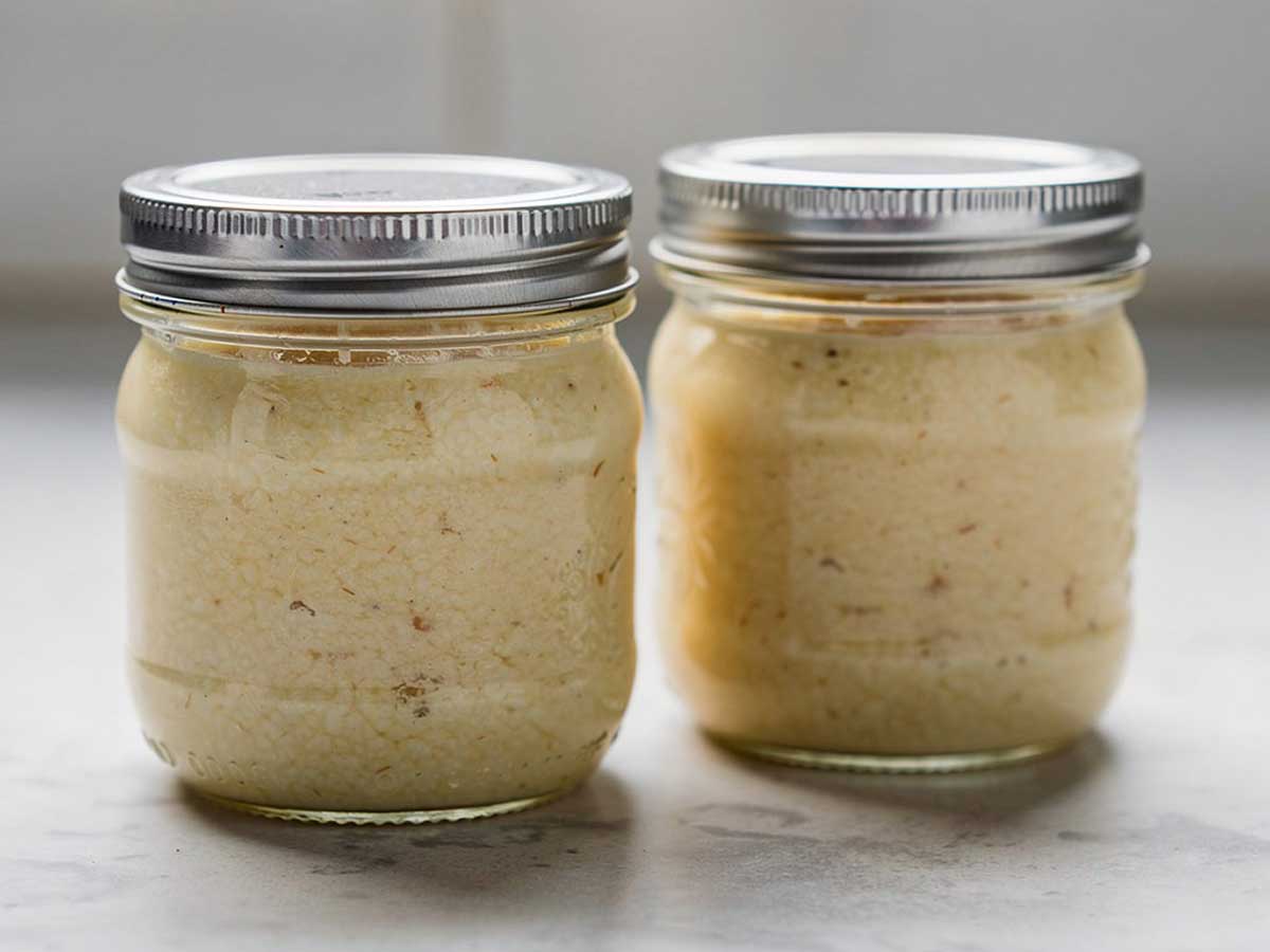 Twee afgesloten potjes met zelfgemaakte knoflookpasta.