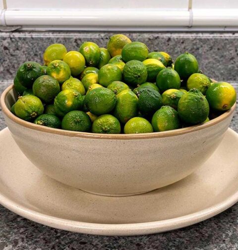 Een grote fruitschaal, helemaal gevuld met verse limoenen.