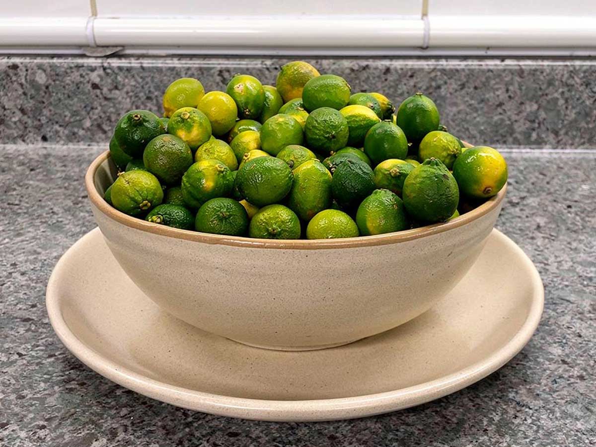 Een grote fruitschaal, helemaal gevuld met verse limoenen.