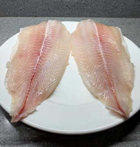 2 pangasiusfilets op een bord, klaar om ingevroren te worden.