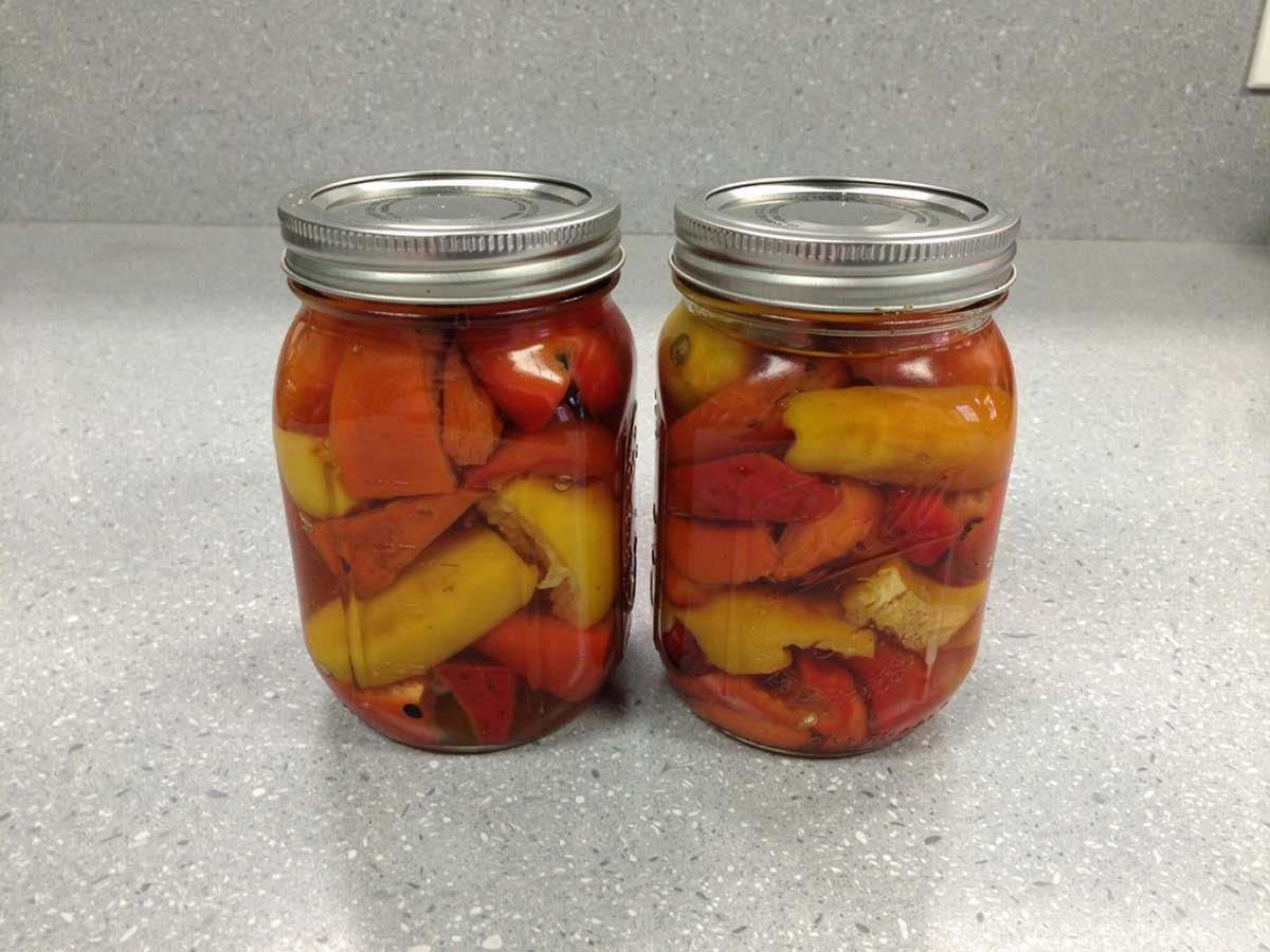 2 inmaakpotten met ingemaakte aprika, geel en rood.