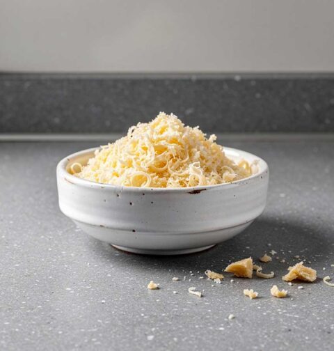Een bakje met net geraspte Parmezaanse kaas.
