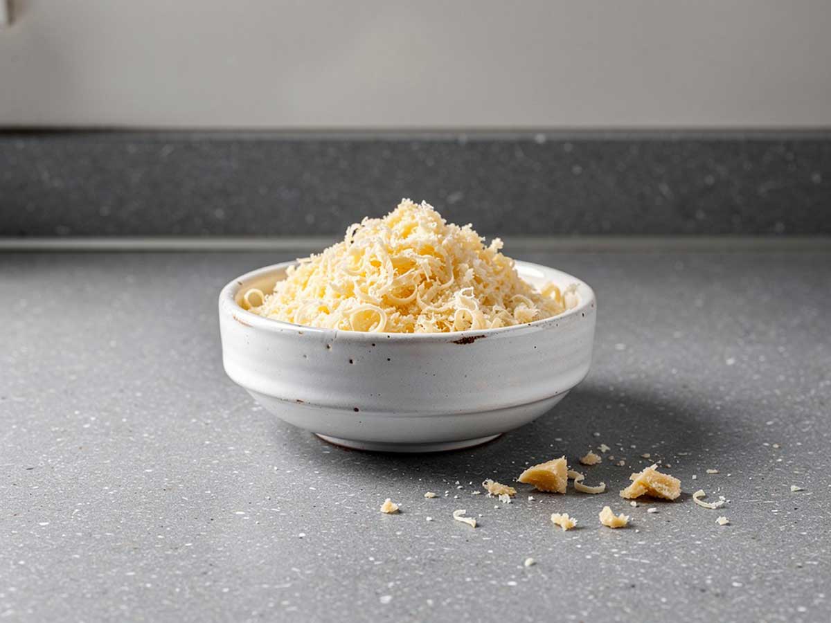 Een bakje met net geraspte Parmezaanse kaas.
