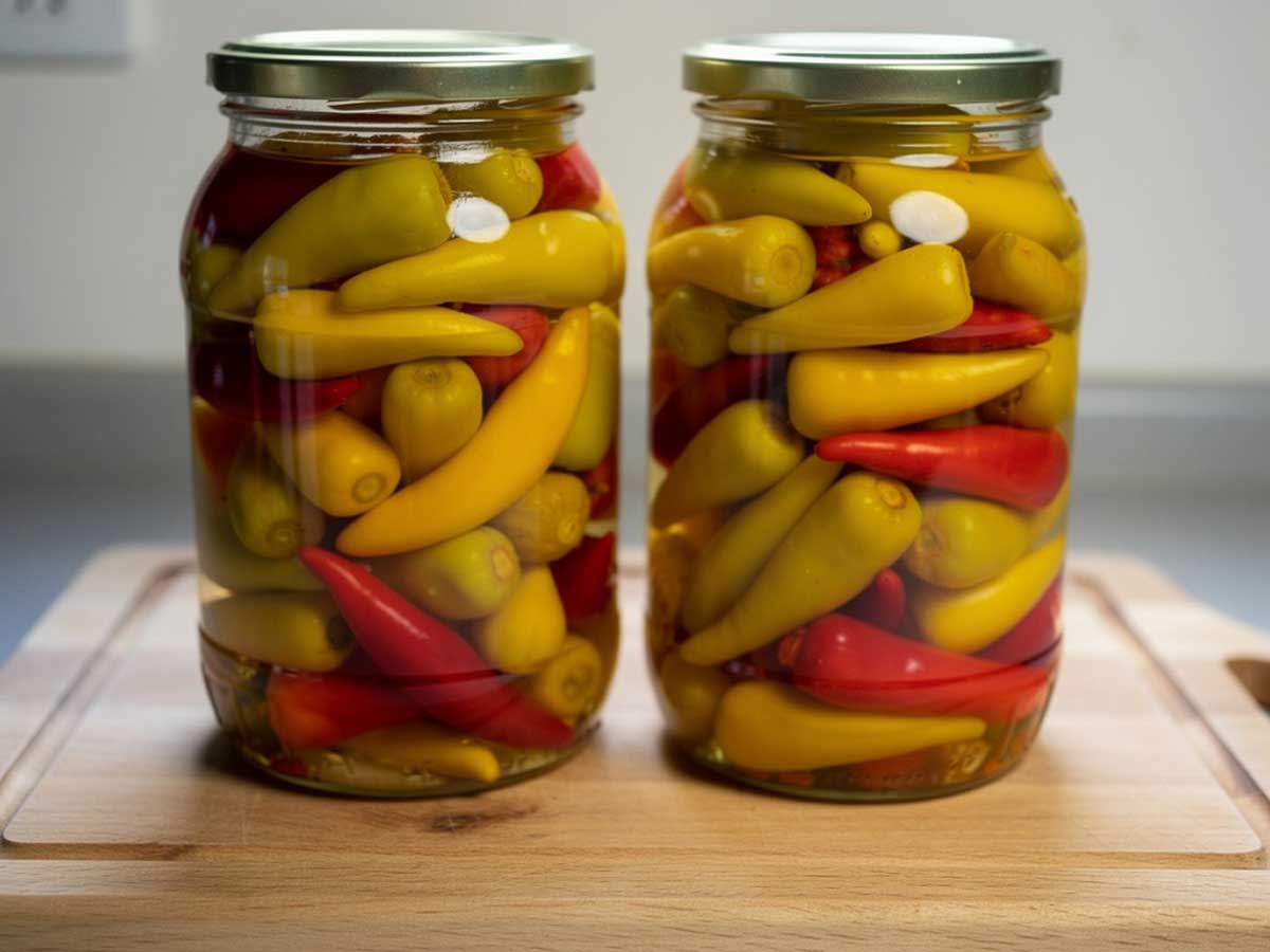 2 grote inmaakpotten met ingemaakte pepertjes.