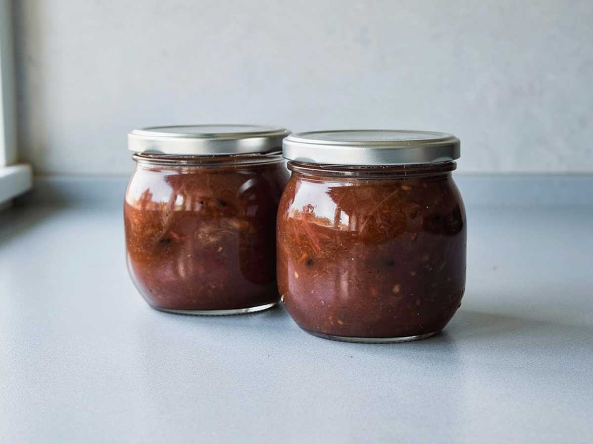 2 Jampotten met zelfgemaakte rababerchutney.