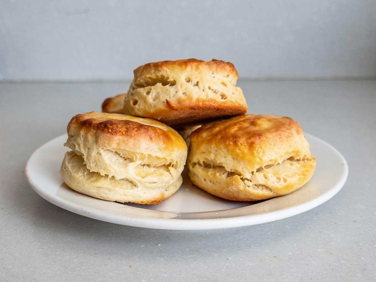 4 scones op eem wit bordje.
