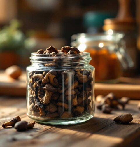 Zoveel gedroogde shiitake dat de pot niet meer dicht kan.