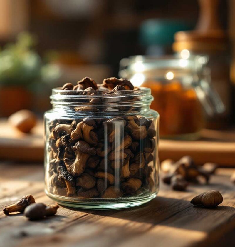 Zoveel gedroogde shiitake dat de pot niet meer dicht kan.