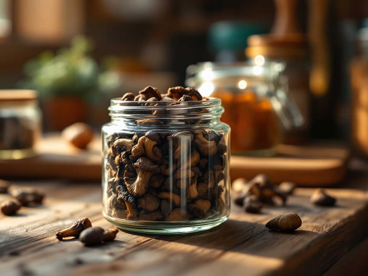 Zoveel gedroogde shiitake dat de pot niet meer dicht kan.