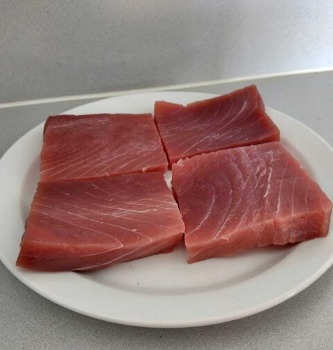 4 stukken tonijn (filets) liggen op een wit bord.