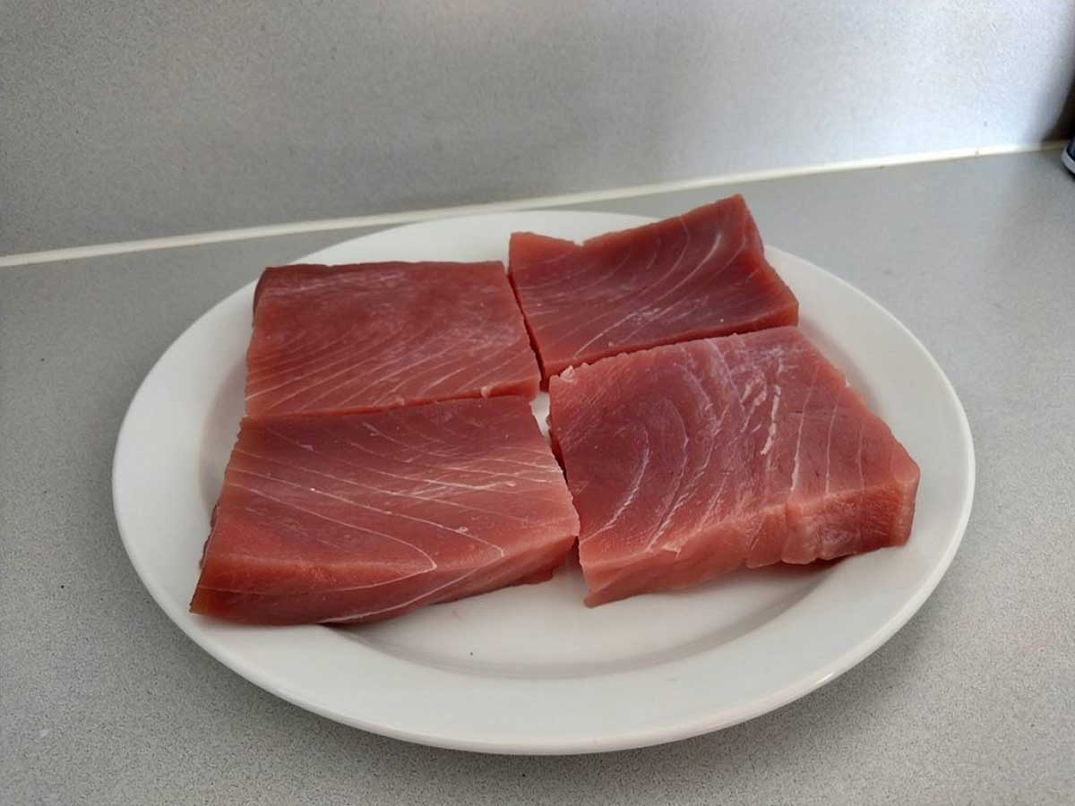 4 stukken tonijn (filets) liggen op een wit bord.