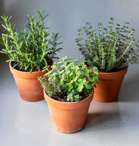 3 pkruidenplantjes in potten, rozemarijn, tijm en oregano.