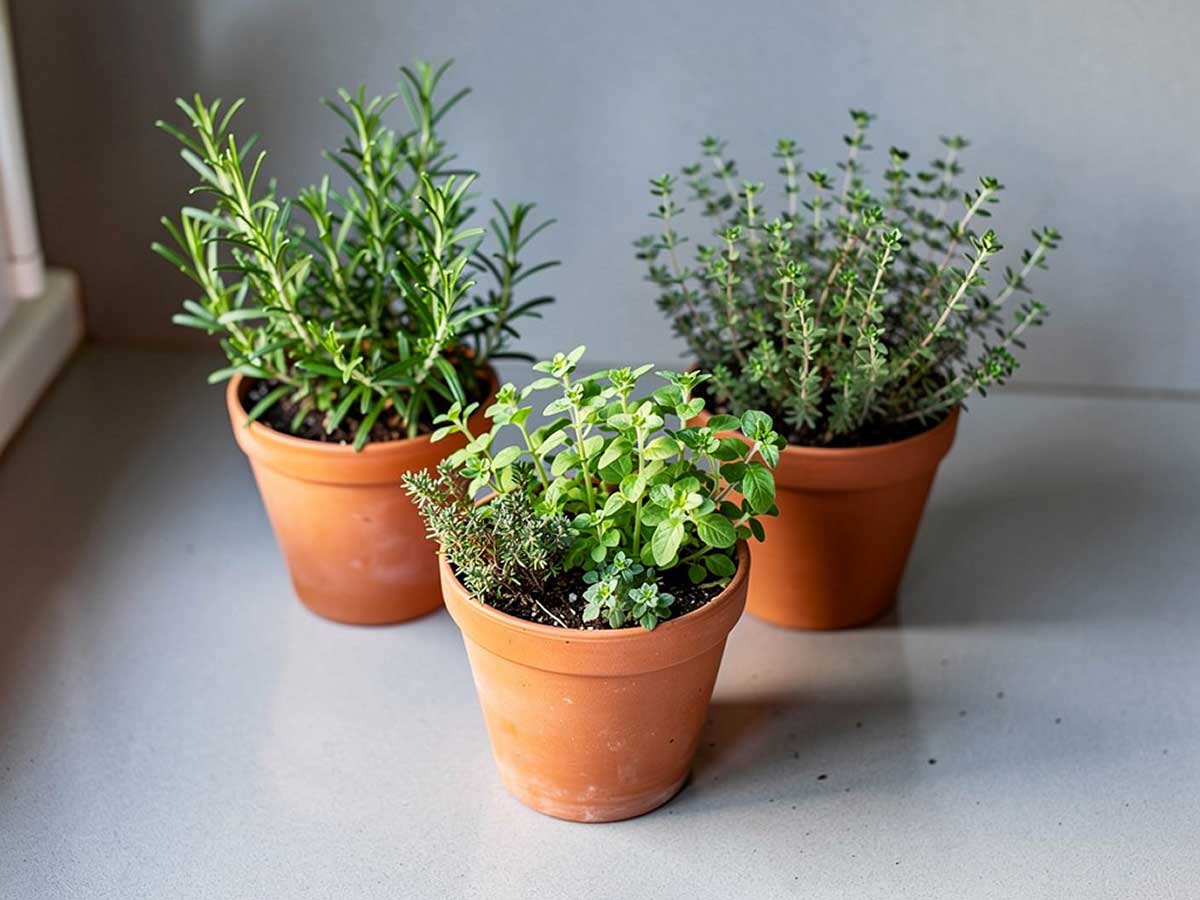 3 pkruidenplantjes in potten, rozemarijn, tijm en oregano.